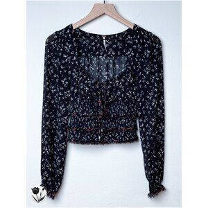 Women's FREE PEOPLE Top XS Black Floral Crop Long Sleeve Sheer Blouse Lolita